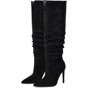 المرأة مغلقة اصبع القدم كعب التمهيد وأشار حذاء مزود بفتحة للأصابع Stiletto الكعوب الانزلاق على مترهل حذاء برقبة للركبة للنساء فستان مثير الأحذية in Kuwait