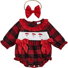 Baby Girl Christmas Outfit Santa Embroidery Bubble Romper Long Sleeve Plaid Ruffle Onesie Christmas Clothes in Kuwait