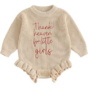 Newborn Infant Baby Girl Thanksgiving Knit Romper Letter Embroidered Bodysuits Ruffle Hem Sweater Onesie in Kuwait