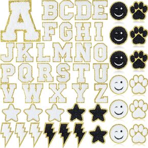 Yilloog 50 Pcs Self Adhesive Chenille Patches Paw Print Smile Face Heart Patch Preppy Sticker Chenille Rainbow Sew on Sticker for Jackets Jeans(Colorful Style) in Kuwait