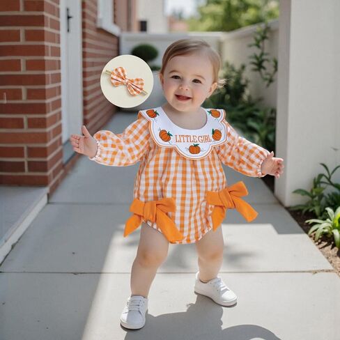 Baby Girl Halloween Outfit Pumpkin Long Sleeve Bubble Romper Bow Plaid Smocked Bodysuit Cute Newborn Fall Clothes in Saudi Arabia