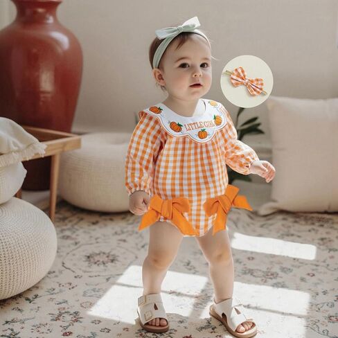 Baby Girl Halloween Outfit Pumpkin Long Sleeve Bubble Romper Bow Plaid Smocked Bodysuit Cute Newborn Fall Clothes in Saudi Arabia
