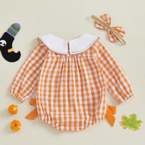 Baby Girl Halloween Outfit Pumpkin Long Sleeve Bubble Romper Bow Plaid Smocked Bodysuit Cute Newborn Fall Clothes in Saudi Arabia
