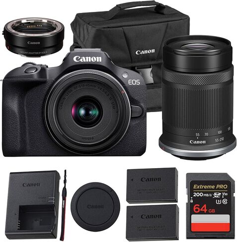 Canon EOS R100 Mirrorless Camera Kit-APS-C RF كاميرا مع عدسات 18-45 مم و 55-210 مم ، مستشعر 24 ميجابكسل ، فيديو 4K و Pixel AF (6052C022) + Canon Adapter EF-EOS R + LP-E17 in Saudi Arabia