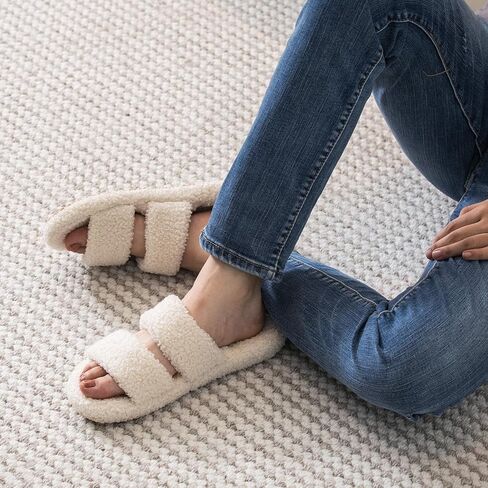 Women's Fuzzy Double Strap House Slippers – Plush Memory Foam Indoor Slides with Arch Support, Non-Slip Sole & Soft Comfort Fit in Kuwait