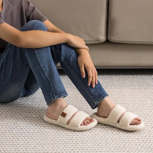 Women's Fuzzy Double Strap House Slippers – Plush Memory Foam Indoor Slides with Arch Support, Non-Slip Sole & Soft Comfort Fit in Kuwait