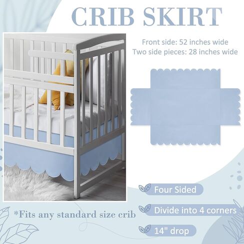 Blue Scalloped Crib Skirt 28"x 52" with 14" Drop Pleated Dust Ruffle with Split Corners for Baby Boys Girls Soft 4-Sided Crib Bed Skirt Nursery Standard Toddler Bedding in Saudi Arabia