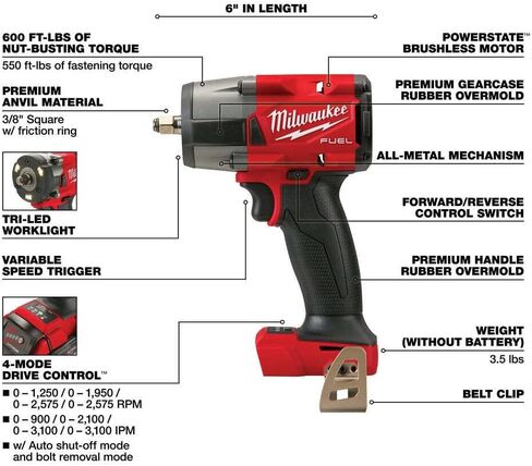 Milwaukee M18 18V Fuel 3/8'' Brushless Cordless Mid-Torque Compact Impact Wrench Bare Tool + Accessories, Black & Red in Saudi Arabia