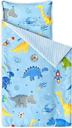 Wake in Cloud - حصيرة قيلولة طفل صغير مع وسادة وبطانية الصوف المنكي ، للأطفال الأولاد في روضة الأطفال في مرحلة ما قبل المدرسة ، حقيبة نوم لفة ، رواد فضاء الديناصورات الصاروخ in Kuwait