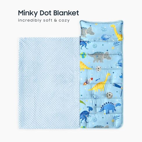 Wake in Cloud - حصيرة قيلولة طفل صغير مع وسادة وبطانية الصوف المنكي ، للأطفال الأولاد في روضة الأطفال في مرحلة ما قبل المدرسة ، حقيبة نوم لفة ، رواد فضاء الديناصورات الصاروخ in Kuwait