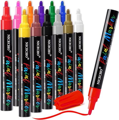 أقلام طلاء زيتية من Nicecho، 12 لونًا من أقلام الطلاء الدائمة ذات طرف متوسط ​​لا يبهت أبدًا سريع الجفاف ومجموعة أقلام تحديد مقاومة للماء للمعادن والخشب والنسيج والإطارات والحجر والقماش والأكواب والزجاج والحرف اليدوية in Kuwait