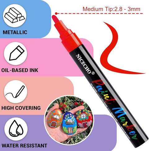 أقلام طلاء زيتية من Nicecho، 12 لونًا من أقلام الطلاء الدائمة ذات طرف متوسط ​​لا يبهت أبدًا سريع الجفاف ومجموعة أقلام تحديد مقاومة للماء للمعادن والخشب والنسيج والإطارات والحجر والقماش والأكواب والزجاج والحرف اليدوية in Kuwait