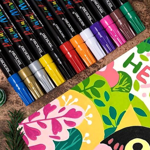 أقلام طلاء زيتية من Nicecho، 12 لونًا من أقلام الطلاء الدائمة ذات طرف متوسط ​​لا يبهت أبدًا سريع الجفاف ومجموعة أقلام تحديد مقاومة للماء للمعادن والخشب والنسيج والإطارات والحجر والقماش والأكواب والزجاج والحرف اليدوية in Kuwait