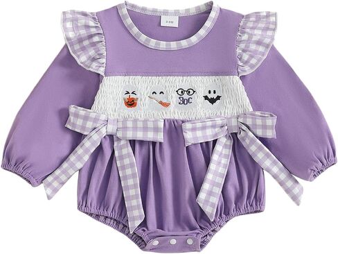 Infant Baby Girl Halloween Romper Black Cat Witch Hat Embroidery Ruffle Long Sleeve Bubble Jumpsuit With Bow in Kuwait