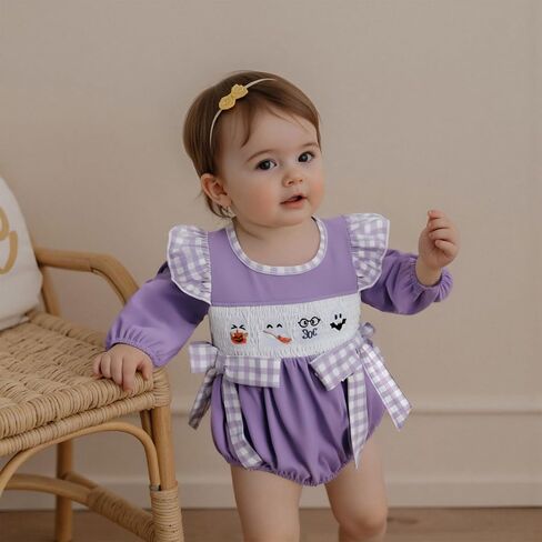 Infant Baby Girl Halloween Romper Black Cat Witch Hat Embroidery Ruffle Long Sleeve Bubble Jumpsuit With Bow in Kuwait