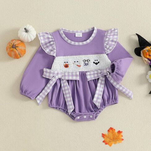 Infant Baby Girl Halloween Romper Black Cat Witch Hat Embroidery Ruffle Long Sleeve Bubble Jumpsuit With Bow in Kuwait