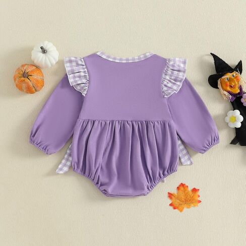 Infant Baby Girl Halloween Romper Black Cat Witch Hat Embroidery Ruffle Long Sleeve Bubble Jumpsuit With Bow in Kuwait