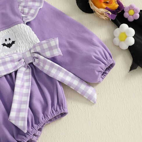 Infant Baby Girl Halloween Romper Black Cat Witch Hat Embroidery Ruffle Long Sleeve Bubble Jumpsuit With Bow in Kuwait