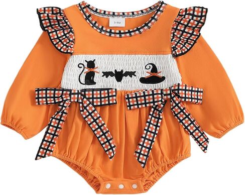 Dcohmch Baby Girl Halloween Outfit Bow Romper Black Cat/Ghost Embroidery Long Sleeve Bubble Jumpsuit Fall Clothes in Saudi Arabia