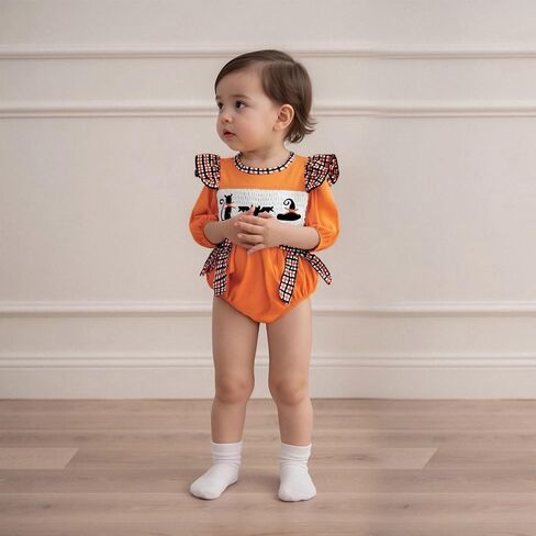 Dcohmch Baby Girl Halloween Outfit Bow Romper Black Cat/Ghost Embroidery Long Sleeve Bubble Jumpsuit Fall Clothes in Saudi Arabia