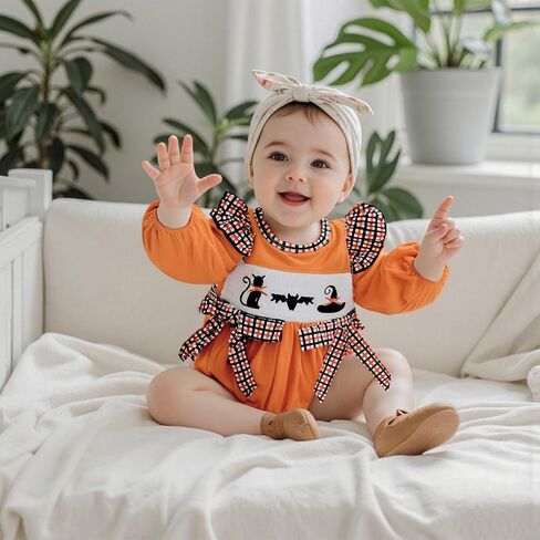 Dcohmch Baby Girl Halloween Outfit Bow Romper Black Cat/Ghost Embroidery Long Sleeve Bubble Jumpsuit Fall Clothes in Saudi Arabia