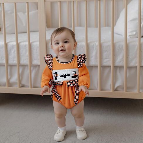 Dcohmch Baby Girl Halloween Outfit Bow Romper Black Cat/Ghost Embroidery Long Sleeve Bubble Jumpsuit Fall Clothes in Saudi Arabia
