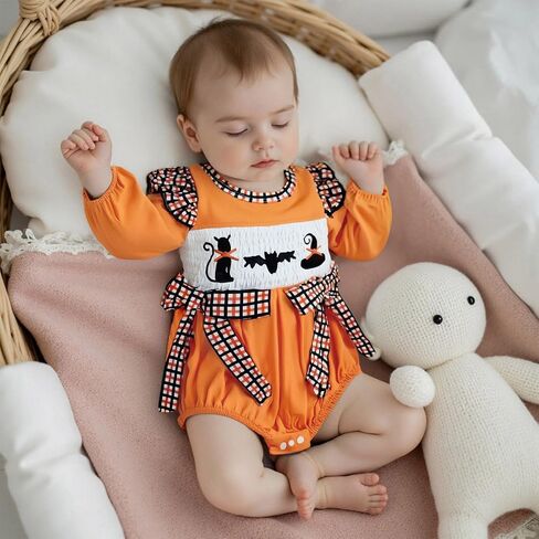 Dcohmch Baby Girl Halloween Outfit Bow Romper Black Cat/Ghost Embroidery Long Sleeve Bubble Jumpsuit Fall Clothes in Saudi Arabia