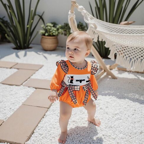Dcohmch Baby Girl Halloween Outfit Bow Romper Black Cat/Ghost Embroidery Long Sleeve Bubble Jumpsuit Fall Clothes in Saudi Arabia