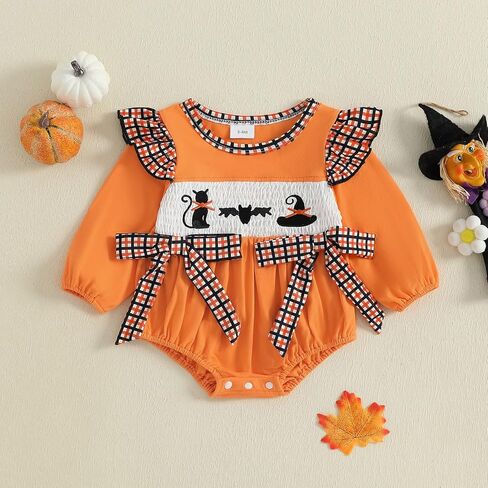 Dcohmch Baby Girl Halloween Outfit Bow Romper Black Cat/Ghost Embroidery Long Sleeve Bubble Jumpsuit Fall Clothes in Saudi Arabia