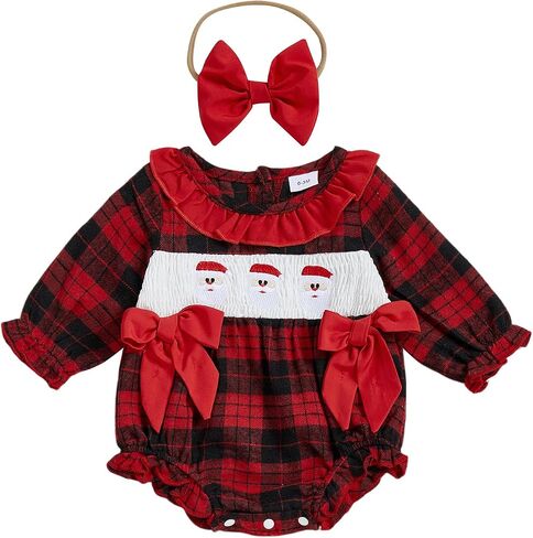 Baby Girl Christmas Outfit Santa Embroidery Bubble Romper Long Sleeve Plaid Ruffle Onesie Christmas Clothes in Kuwait