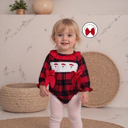 Baby Girl Christmas Outfit Santa Embroidery Bubble Romper Long Sleeve Plaid Ruffle Onesie Christmas Clothes in Kuwait