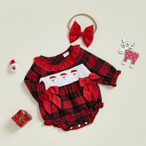 Baby Girl Christmas Outfit Santa Embroidery Bubble Romper Long Sleeve Plaid Ruffle Onesie Christmas Clothes in Kuwait