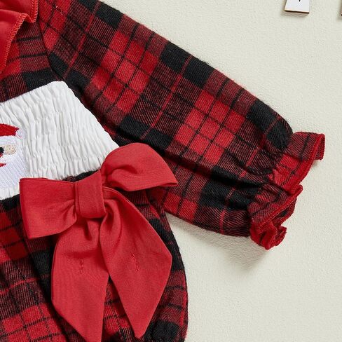 Baby Girl Christmas Outfit Santa Embroidery Bubble Romper Long Sleeve Plaid Ruffle Onesie Christmas Clothes in Kuwait
