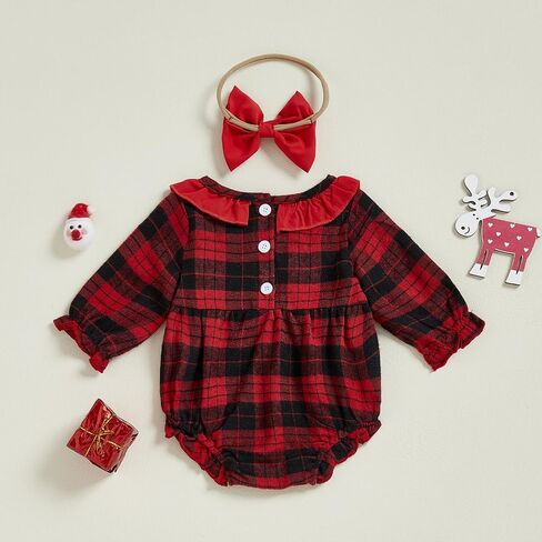 Baby Girl Christmas Outfit Santa Embroidery Bubble Romper Long Sleeve Plaid Ruffle Onesie Christmas Clothes in Kuwait