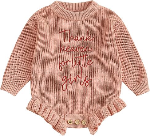 Newborn Infant Baby Girl Thanksgiving Knit Romper Letter Embroidered Bodysuits Ruffle Hem Sweater Onesie in Kuwait