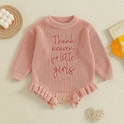 Newborn Infant Baby Girl Thanksgiving Knit Romper Letter Embroidered Bodysuits Ruffle Hem Sweater Onesie in Kuwait