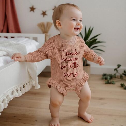 Newborn Infant Baby Girl Thanksgiving Knit Romper Letter Embroidered Bodysuits Ruffle Hem Sweater Onesie in Kuwait