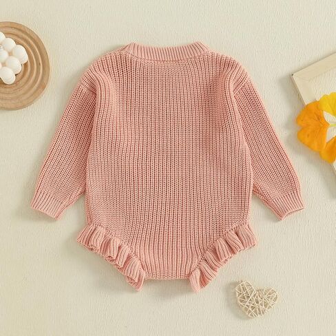 Newborn Infant Baby Girl Thanksgiving Knit Romper Letter Embroidered Bodysuits Ruffle Hem Sweater Onesie in Kuwait