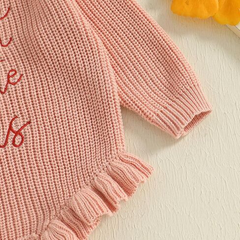 Newborn Infant Baby Girl Thanksgiving Knit Romper Letter Embroidered Bodysuits Ruffle Hem Sweater Onesie in Kuwait