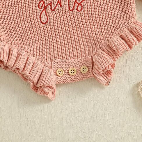Newborn Infant Baby Girl Thanksgiving Knit Romper Letter Embroidered Bodysuits Ruffle Hem Sweater Onesie in Kuwait