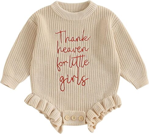 Newborn Infant Baby Girl Thanksgiving Knit Romper Letter Embroidered Bodysuits Ruffle Hem Sweater Onesie in Kuwait