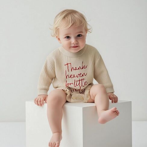 Newborn Infant Baby Girl Thanksgiving Knit Romper Letter Embroidered Bodysuits Ruffle Hem Sweater Onesie in Kuwait