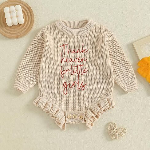 Newborn Infant Baby Girl Thanksgiving Knit Romper Letter Embroidered Bodysuits Ruffle Hem Sweater Onesie in Kuwait