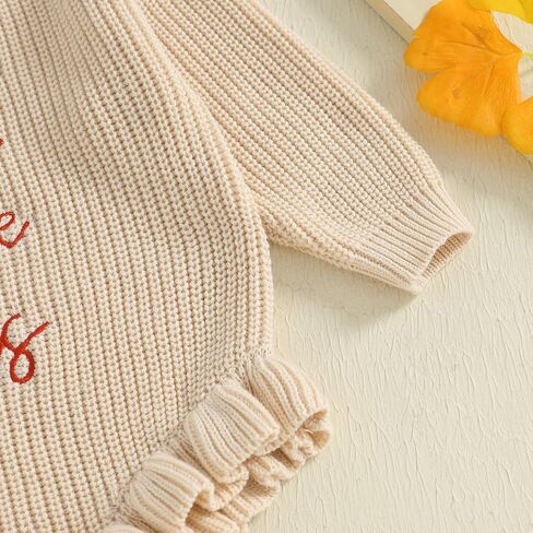 Newborn Infant Baby Girl Thanksgiving Knit Romper Letter Embroidered Bodysuits Ruffle Hem Sweater Onesie in Kuwait