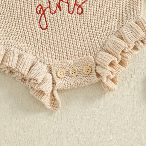 Newborn Infant Baby Girl Thanksgiving Knit Romper Letter Embroidered Bodysuits Ruffle Hem Sweater Onesie in Kuwait