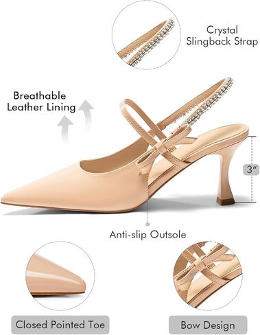 Coutgo Womens Slingback Hitten Heels Mary Jane Shoes Bow Crystal Crystal Abside Toe Pumps Party Party Shoes in Kuwait