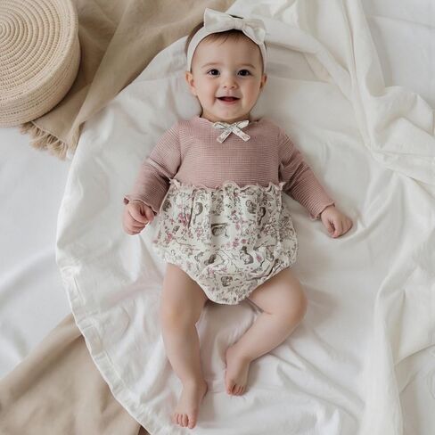 Baby Girl Fall Clothes Newborn Knit Patchwork Bow Bubble Romper Floral Animal Print Onesie Bodysuit Winter Outfits in Kuwait