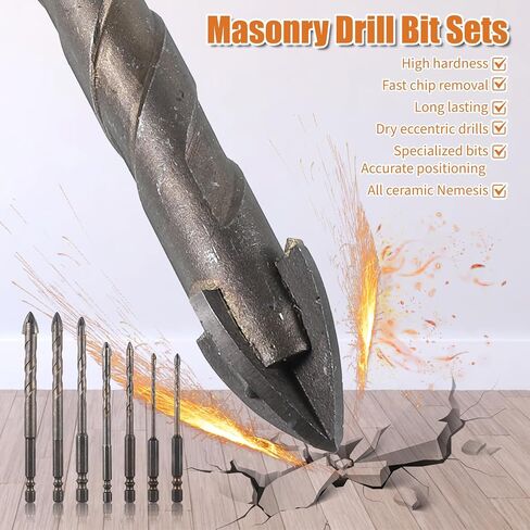 7 Pcs Four-Flute Sawtooth Eccentric Twist Drill Bit, High-Strength Four-Edged Serrated Tip Heavy-Duty Carbide Drill Bits for Stone, Glass, Concrete, Wood, Brick, Metal(3/4/5/6/8/10/12mm) in Kuwait