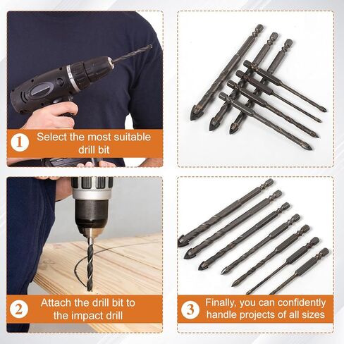 7 Pcs Four-Flute Sawtooth Eccentric Twist Drill Bit, High-Strength Four-Edged Serrated Tip Heavy-Duty Carbide Drill Bits for Stone, Glass, Concrete, Wood, Brick, Metal(3/4/5/6/8/10/12mm) in Kuwait