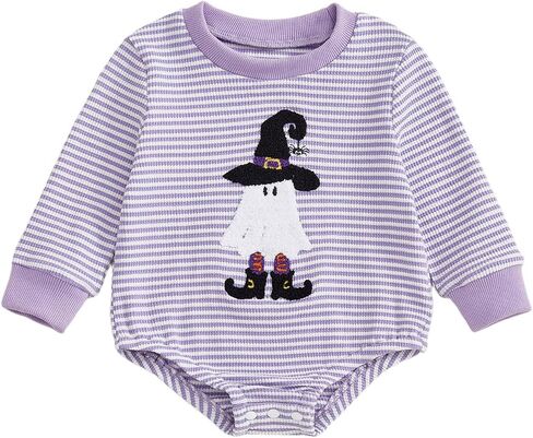 Newborn Infant Baby Girl Halloween Outfits Embroidered Ghost Onesie Striped Long Sleeve Romper Clothes in Saudi Arabia